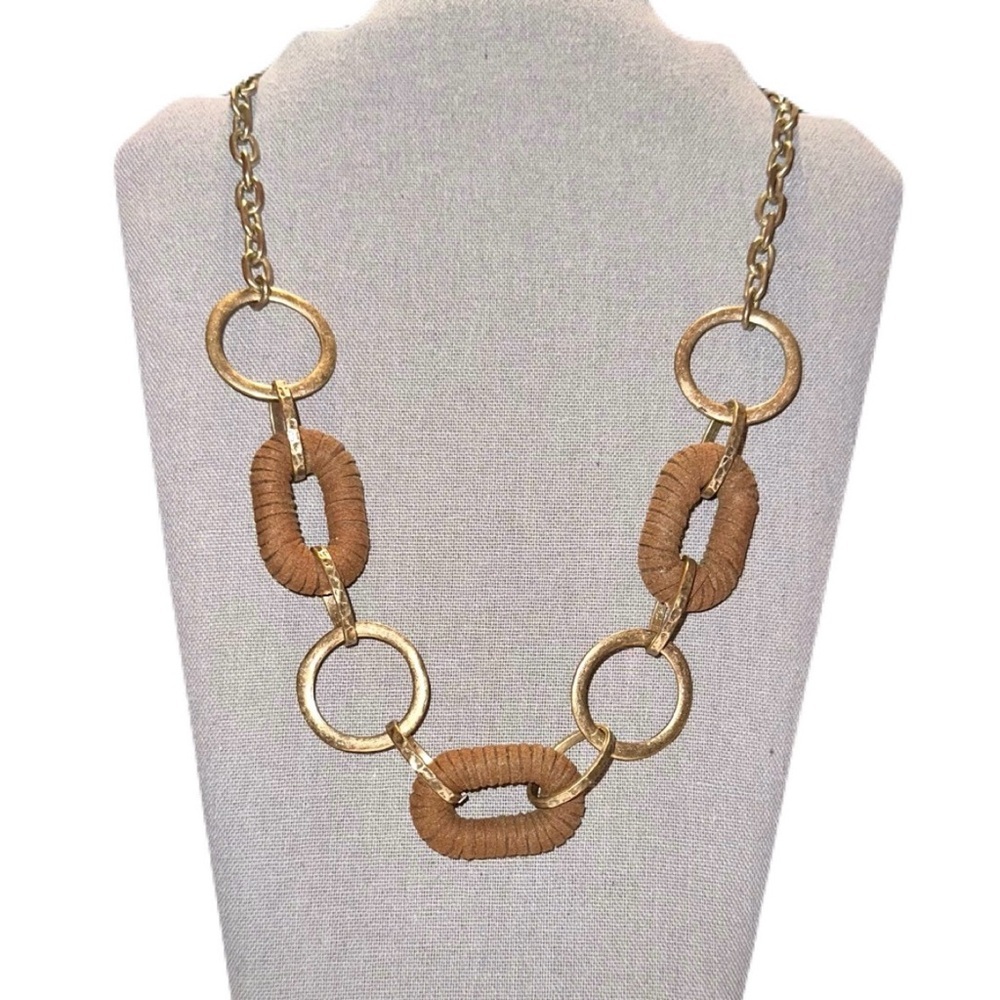 INC International Concepts gold-tone necklace with brown suede-wrapped links